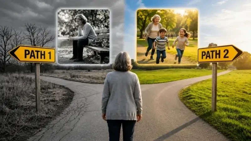 A woman at a fork in the road: gray Path 1 behind her, sunny Path 2 with grandkids ahead