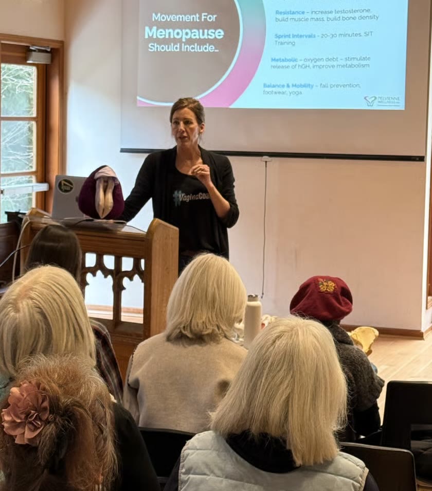 Kim Vopni teaching a pelvic health workshop to a room of women