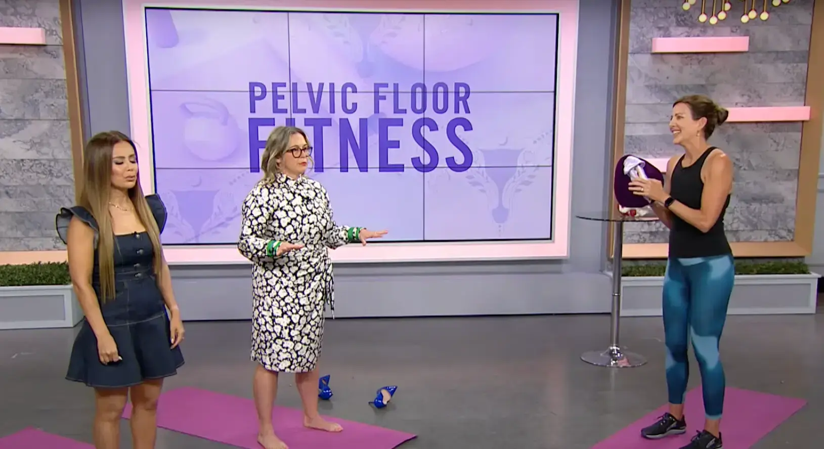 Kim Vopni demonstrating pelvic floor fitness on television