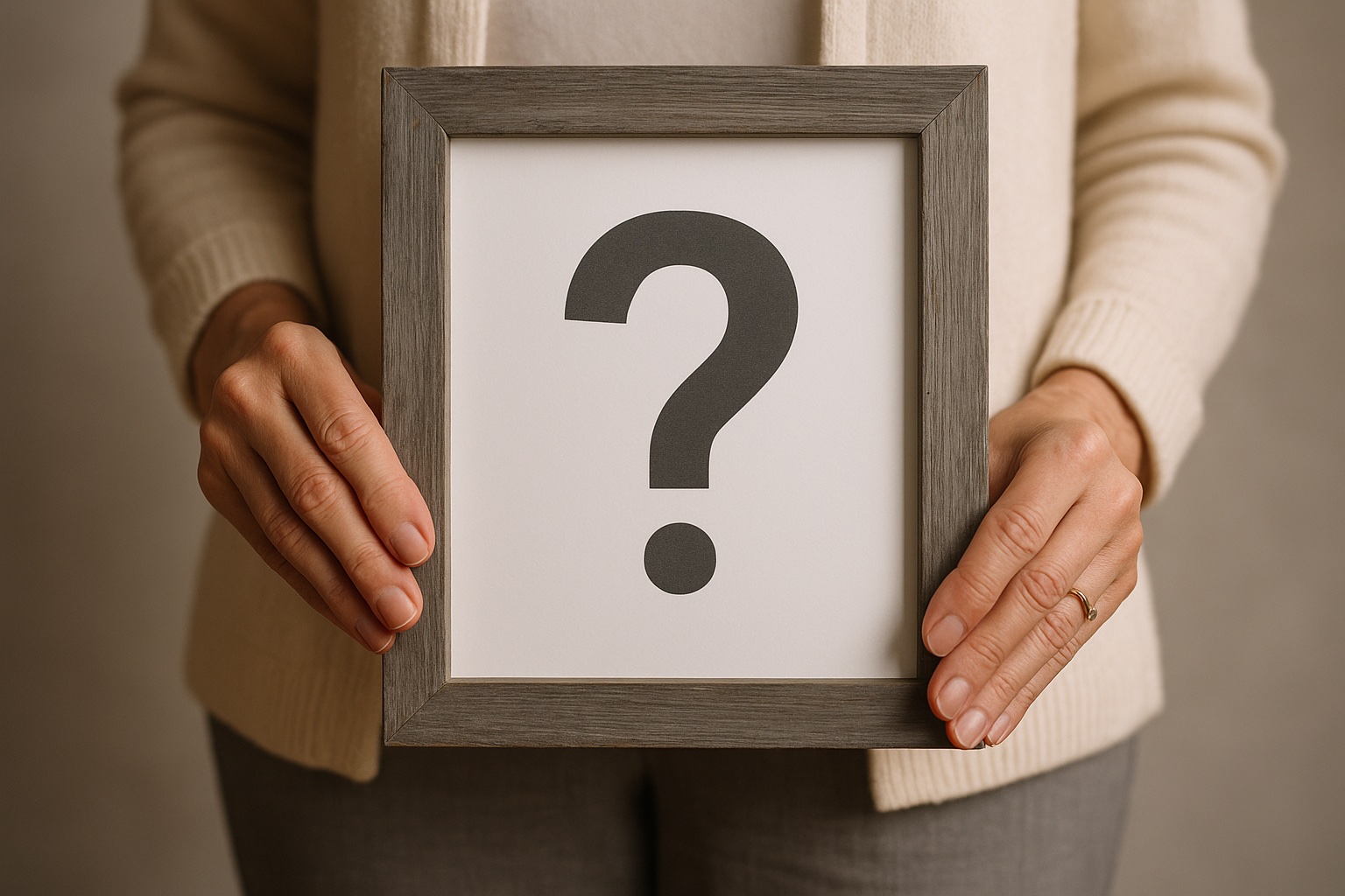 Hands holding a framed question mark at hip level