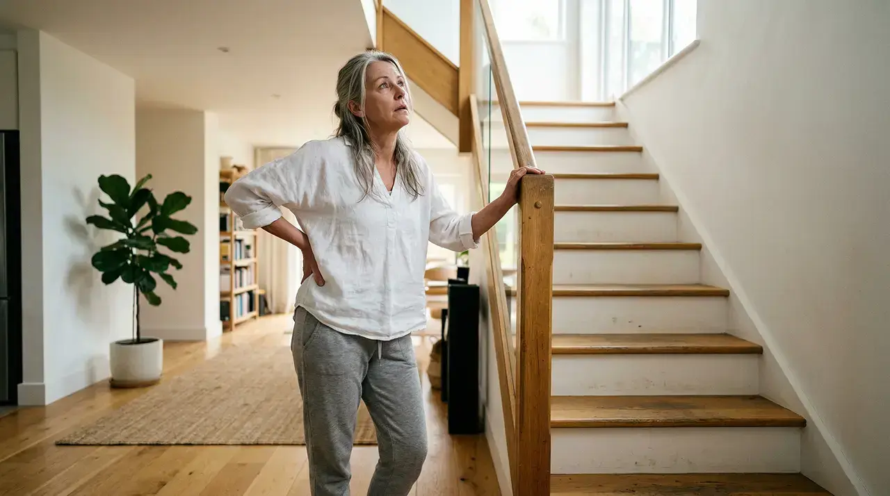 Tired woman pausing at the bottom of the stairs at home